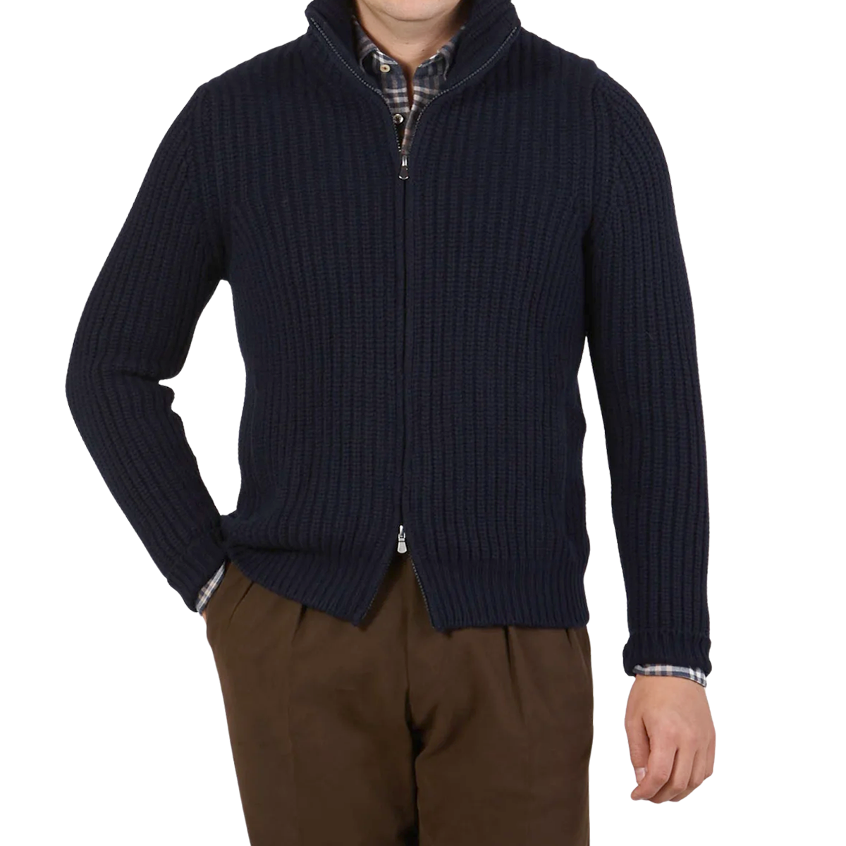 Gran Sasso Navy Wool Cashmere Chunky Knit Zip Cardigan Baltzar