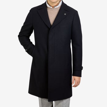 Tagliatore Navy Herringbone Wool Cashmere Coat Front