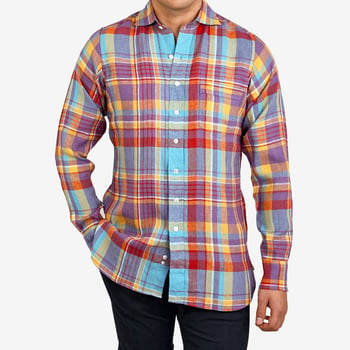 Drake's Red Purple Checked Madras Cotton Shirt Front