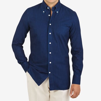 100Hands Blue Washed Denim Gold Line Slim Fit Shirt Front