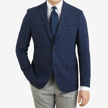 Eduard Dressler Blue Checked Wool Linen Sean Blazer Front