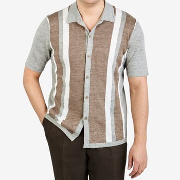 Altea Grey Striped Knitted Cotton Linen Shirt Front