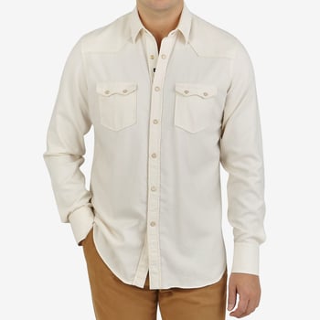 Lardini Cream White Cotton Flannel Western Shirt Front