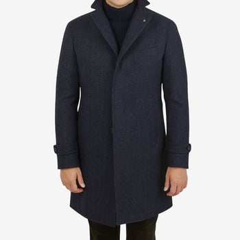 Tagliatore Dark Blue Herringbone Wool Cashmere Coat Front