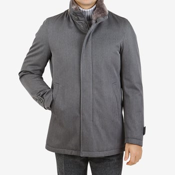 Herno Light Charcoal Wool Twill Beaver Collar Jacket Front