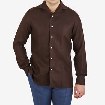 100Hands Brown Heavy Linen Blackline Slim Fit Shirt Front