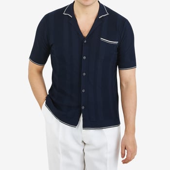 Altea Navy Blue Knitted Cotton Shirt Front