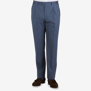 Canali Airforce Blue Tropical Wool Single Pleat Trousers Front