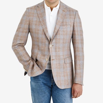 Eduard Dressler Light Brown Checked Linen Wool Blazer Front