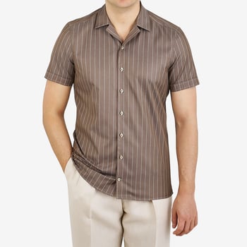Stenströms Brown Striped Cotton Short Sleeve Shirt Front