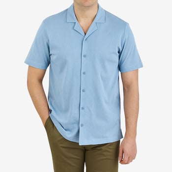 Sunspel Ocean Blue Pima Pique Camp Collar Shirt Front