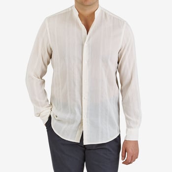 Altea Cream Striped Cotton Mandarin Shirt Front