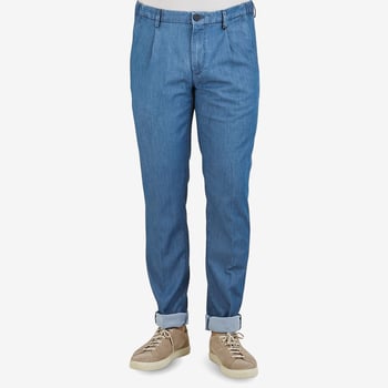 Canali Washed Denim Blue Cotton Casual Trousers Front