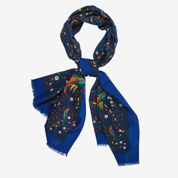 Drake's Navy Birds of Paradise Print Wool Scarf Feature