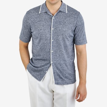 Morgano Blue Melange Linen Cotton Knitted Shirt Front