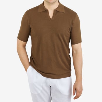 Morgano Brown Capri Collar Silk Polo Shirt Front