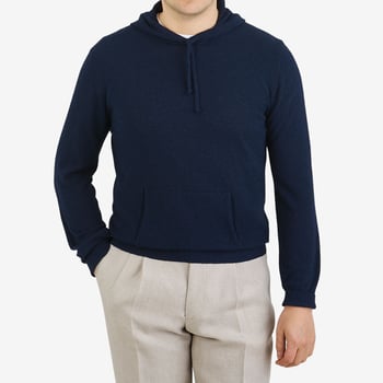 Morgano Navy Blue Cotton Towelling Hoodie Sweater Front
