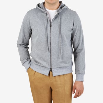 Canali Grey Melange Cotton Zip Hoodie Sweater Front