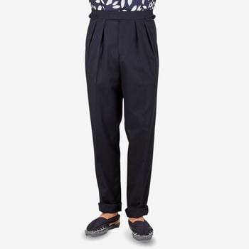 Kit Blake Navy Blue Cotton Twill Pleated Trousers Front