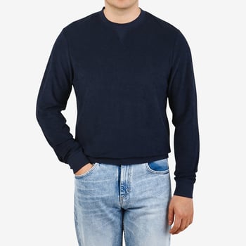 Sunspel Navy Blue Cotton Towelling Sweatshirt Front