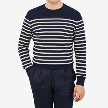 Sunspel Navy Blue Ecru Breton Cotton Sweater Front