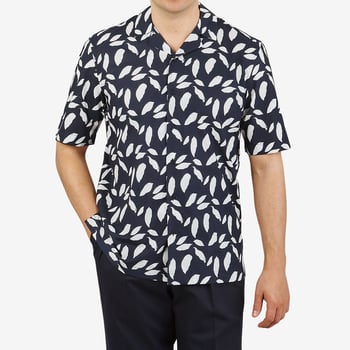 Sunspel Navy Blue Printed Cotton Short Sleeve Shirt Front