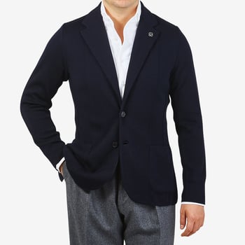 Lardini Navy Blue Merino Wool Knitted Blazer Front