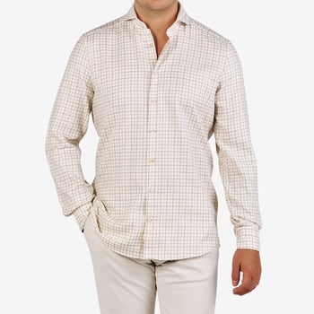 Stenströms Beige Checked Cotton Cashmere 1899 Slim Shirt Front