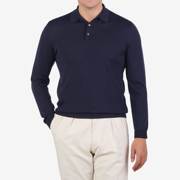 Mauro Ottaviani Dark Blue 16 Gauge Merino Wool Polo Shirt Front