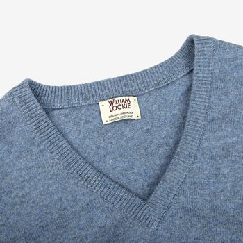 William Lockie Blue Waves V-Neck Lambswool Sweater Collar