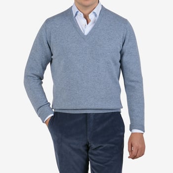 William Lockie Blue Waves V-Neck Lambswool Sweater Front