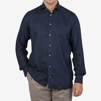 Eton Blue Puppystooth Merino Wool Contemporary Shirt Front