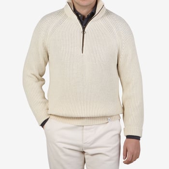 Peregrine Ecru Wool Ford Zip Neck Sweater Front