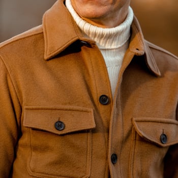 Oscar Jacobson Dark Camel Wool Cashmere Maverick Jacket Model