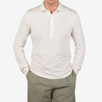 Fedeli Light Beige Cotton Linen Piquet Polo Shirt Front1