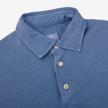 Fedeli Washed Light Blue Cotton Pique Polo Shirt Collar