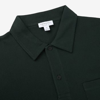 Sunspel Dark Green Cotton Riviera Polo Shirt Collar