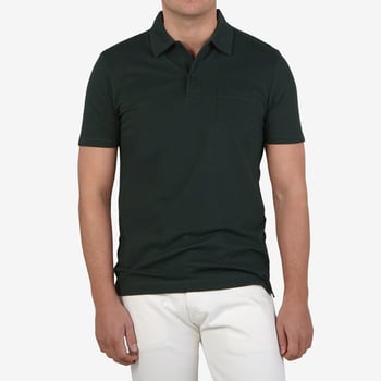 Sunspel Dark Green Cotton Riviera Polo Shirt Front