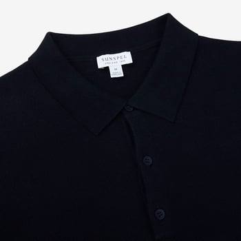 Sunspel Navy Blue Fine Textured Cotton Polo Shirt Collar