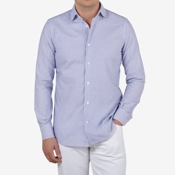 Glanshirt Blue Striped Cotton Oxford Cut-Away Slim Shirt Front1
