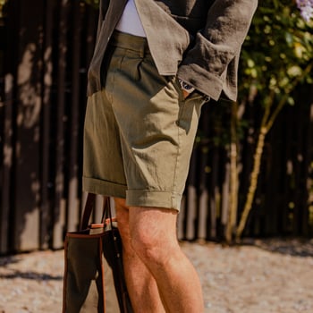 Berwich Military Green Cotton Blend Pleated Shorts Model