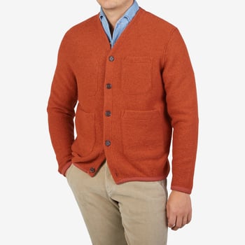 Universal Works Orange Wool Fleece Button Cardigan Front