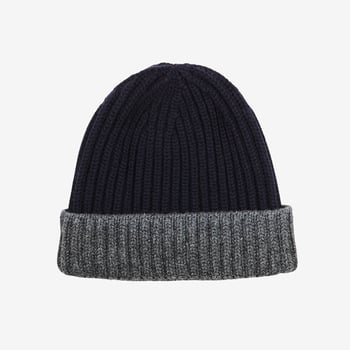 William Lockie Navy Grey Two Tone Cashmere Ribbed Beanie Feature