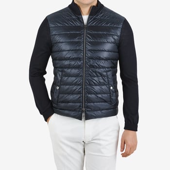 Herno Navy Wool Silk Nylon Padded Jacket Front