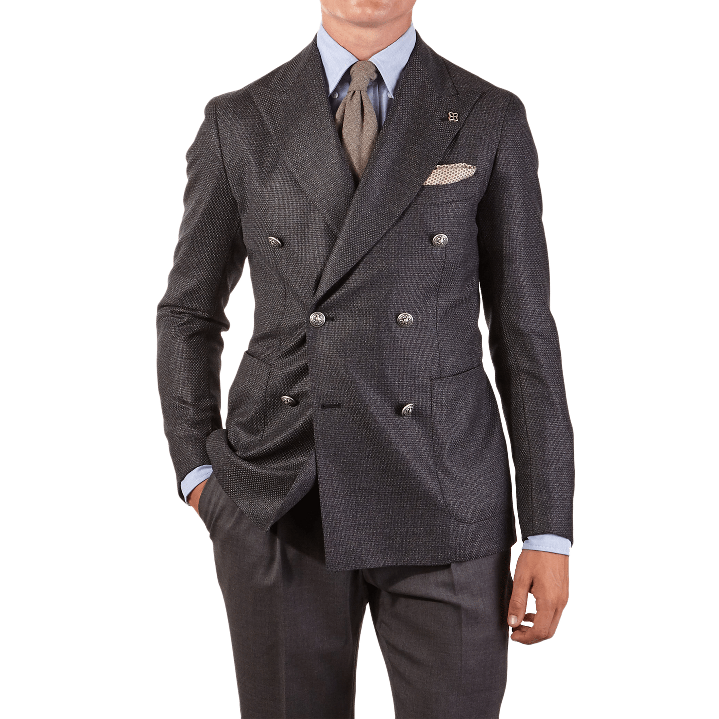 Grey Double-Breasted Wool Cashmere Blazer