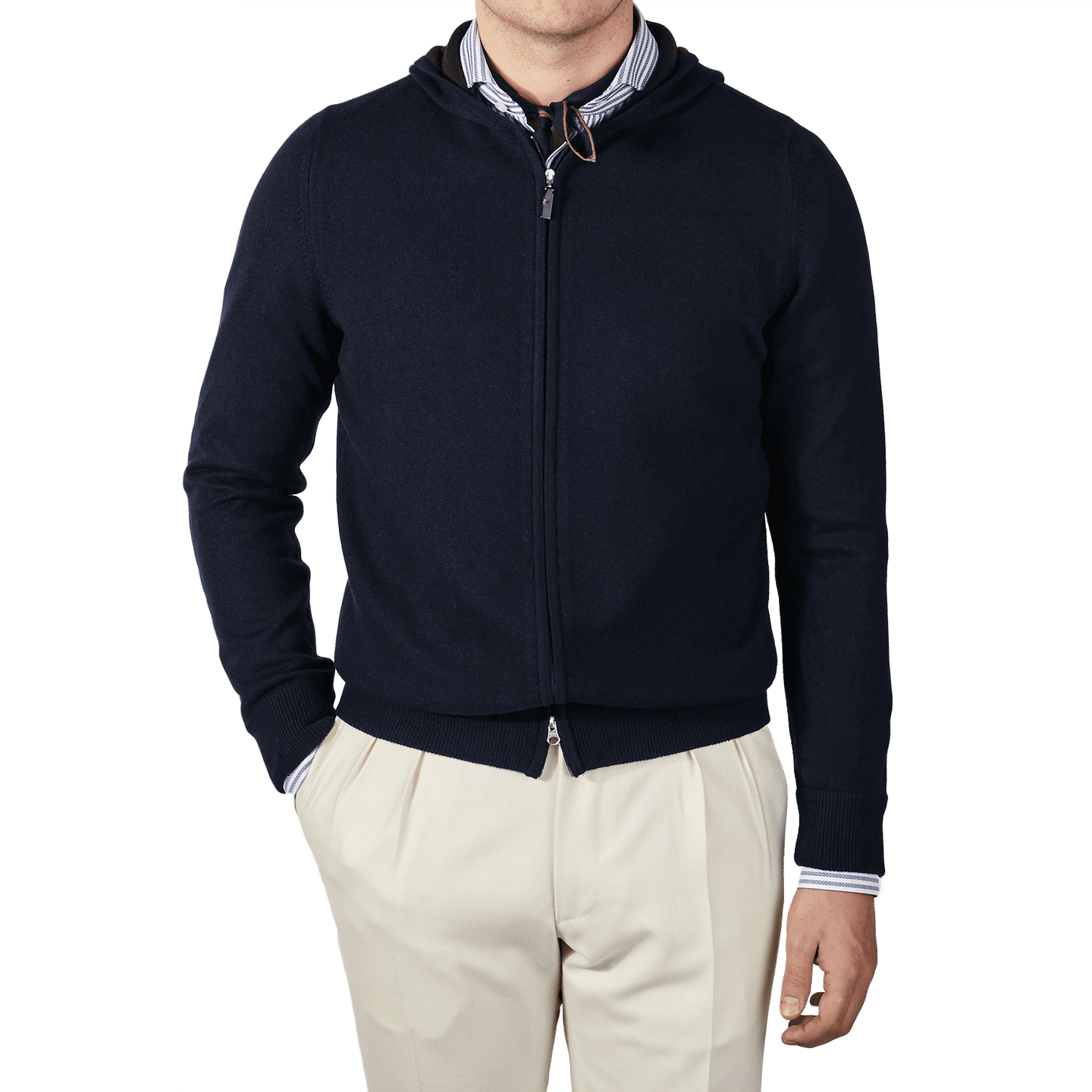 Navy Cashmere Full-Zip Hood Sweater 