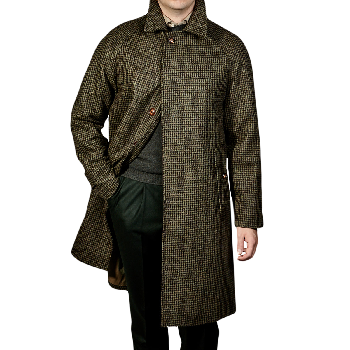 Grenfell - Green Houndstooth Campbell Tweed Raglan Coat | Baltzar