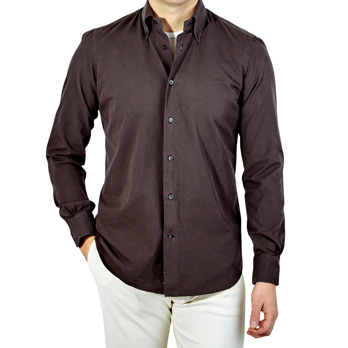 Mazzarelli - Brown Cotton Twill BD Regular Shirt | Baltzar