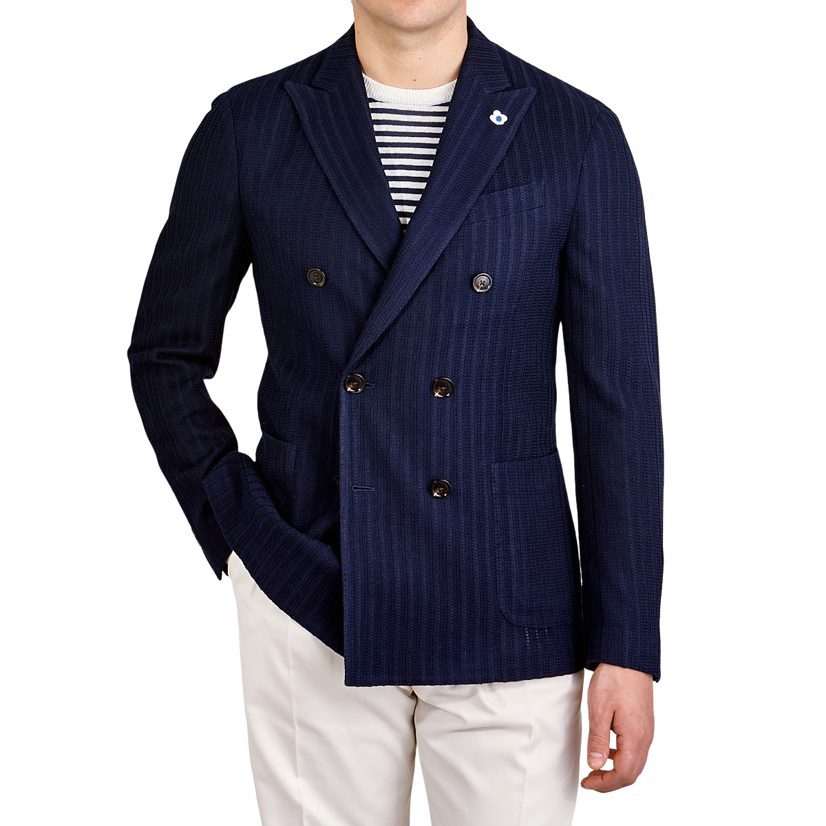 Navy Liknit Cotton Double Breasted Blazer