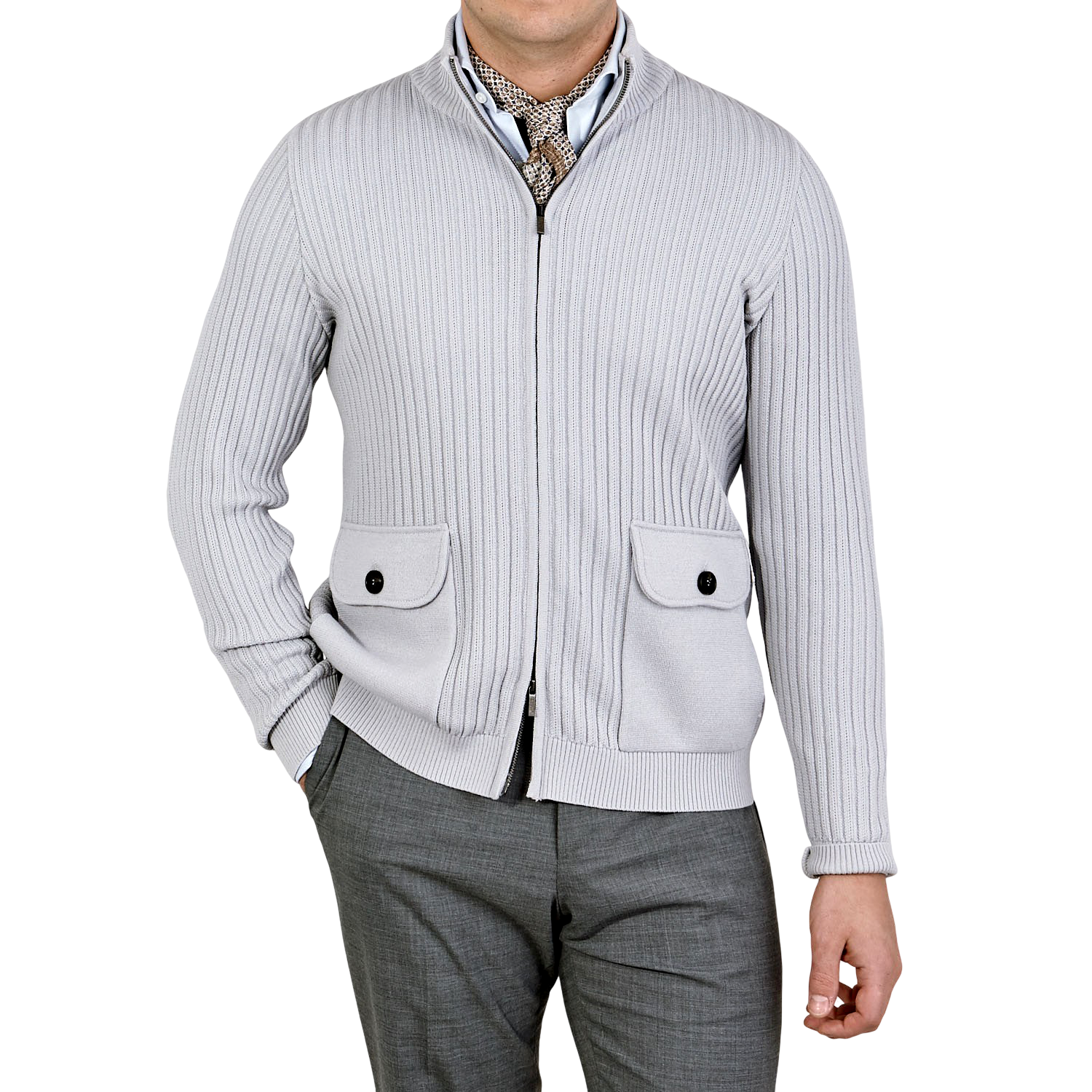 Ice Blue Ribbed Wool Full Zip Sweater 